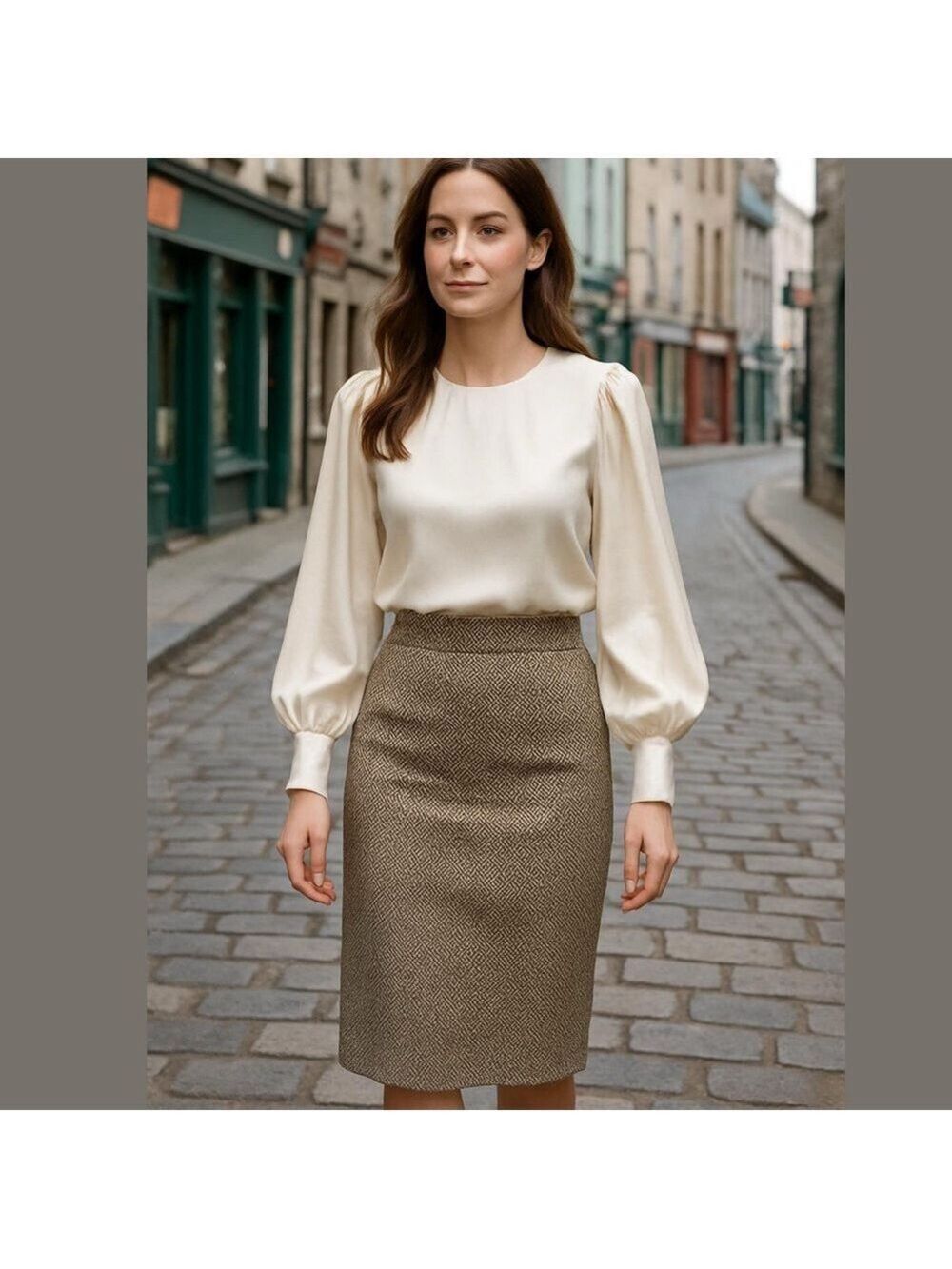 90s A+ ELLEN SILK CREAM TAN & BLACK CLASSIC TWEED LINED PENCIL SKIRT SZ 16
